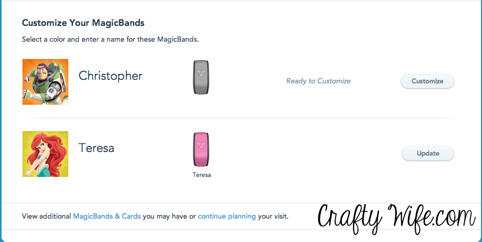 If you've already connected your reservation to your Disney account, you should see your parties names and the magic bands customize buttons on the Magic Bands and Cards page.  (In this picture, I've already customized my band)