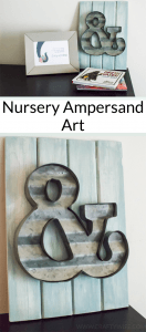 Create an easy art display with a metal ampersand and wooden board from Michaels Arts & Craft store. Perfect decor for a nursery or a gallery wall!
