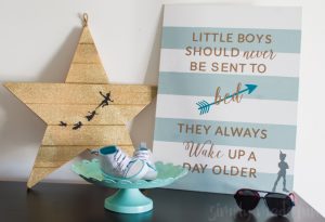 Create a sweet and sentimental piece of art for a little boy's room with this famous quote from J.M. Barrie's Peter Pan. Perfect for a Peter Pan Nursery!
