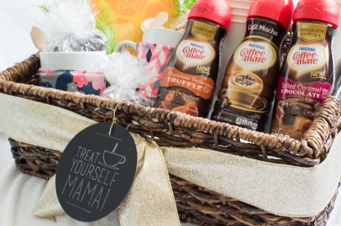 Make a coffee lovers gift basket to give to a new mommy so she can treat herself to a few moments of alone time to jump start her day.  #sipindulgence #ad