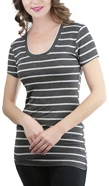 ToBeInStyle Women's Striped Short Sleeve Scoop Neck Tee