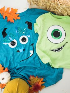 Mike Wazowski and Sully from Monsters Inc family Halloween costumes made with heat transfer vinyl and a Silhouette machine