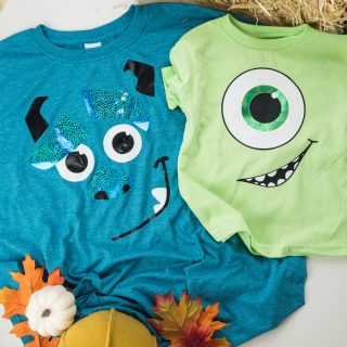 Mike Wazowski and Sully from Monsters Inc family Halloween costumes made with heat transfer vinyl and a Silhouette machine