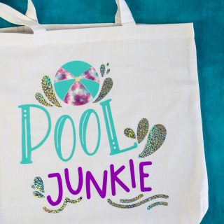 Pool Junkie svg cut file on a beach tote bag